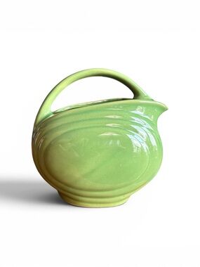 Vintage Over And Back Yellow Ware Green Ceramic Disc Pitcher 64oz Fiesta Style